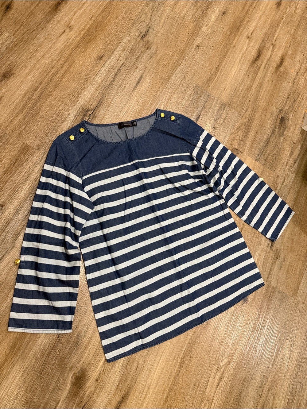 NWOT The Limited Denim Striped Boatneck Chambray Cotton Top with Gold Buttons